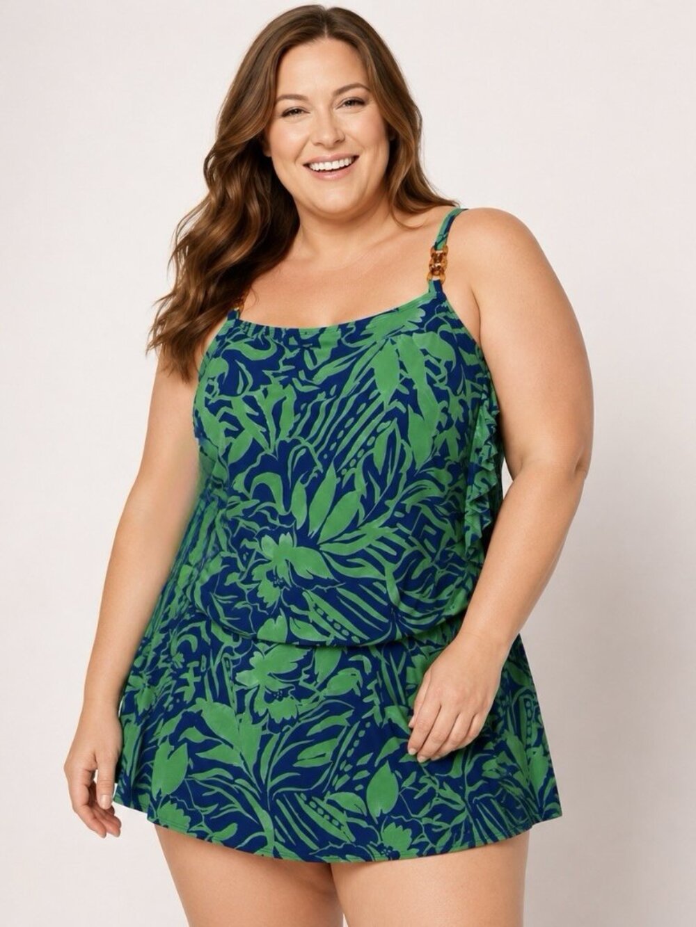 New Susan Graver Sz 30 Blue Green Soleil Ruched Swimsuit Dress Tropical Floral